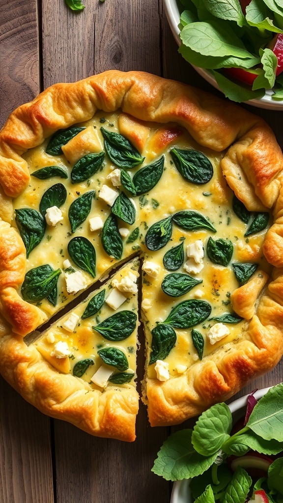 A slice of gourmet spinach and feta quiche on a wooden table, garnished with herbs, with a salad on the side.